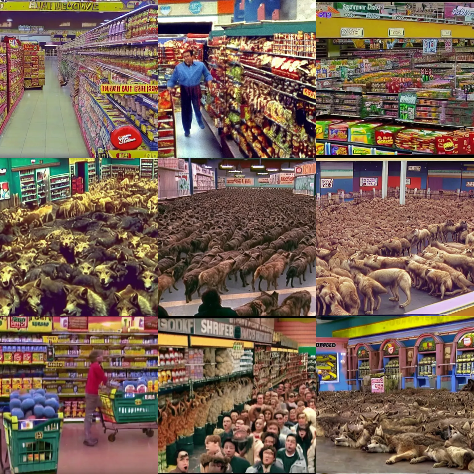 Prompt: A screencap of the episode of Supermarket Sweep where they finally released the massive horde of Large and Feral wolves.