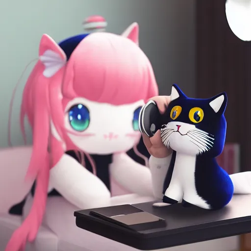 Prompt: cute fumo plush of a cat girl typing on a phone, velvet, anime girl, vray