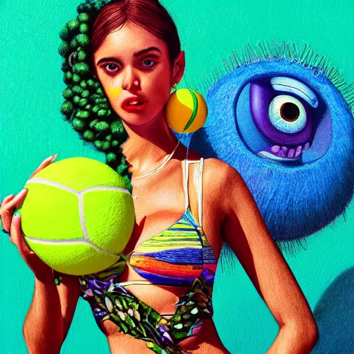 Prompt: Lofi vaporwave portrait beautiful tennis ball monster diva model, dress, bikini, chalk, Pixar style, Tristan Eaton, Stanley Artgerm, Tom Bagshaw, Basil Gogos