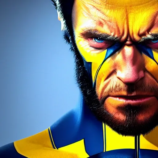 Image similar to clint eastwood as wolverine in blue and yellow costume, octane render, beautiful composition, trending on artstation, award - winning photograph, masterpiece