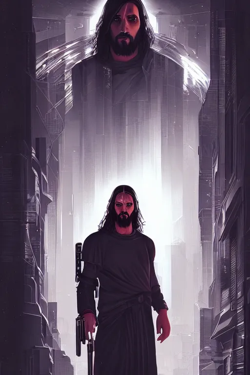 Prompt: a full length portrait of cyberpunk jesus, grim - lighting, high - contrast, intricate, elegant, highly detailed, digital painting, artstation, concept art, smooth, sharp focus, illustration