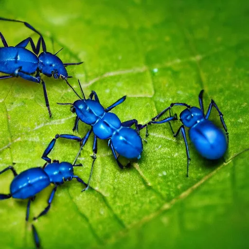 Image similar to macro photo of bright blue ants on a leaf, kodak portra 4 0 0 color negative film