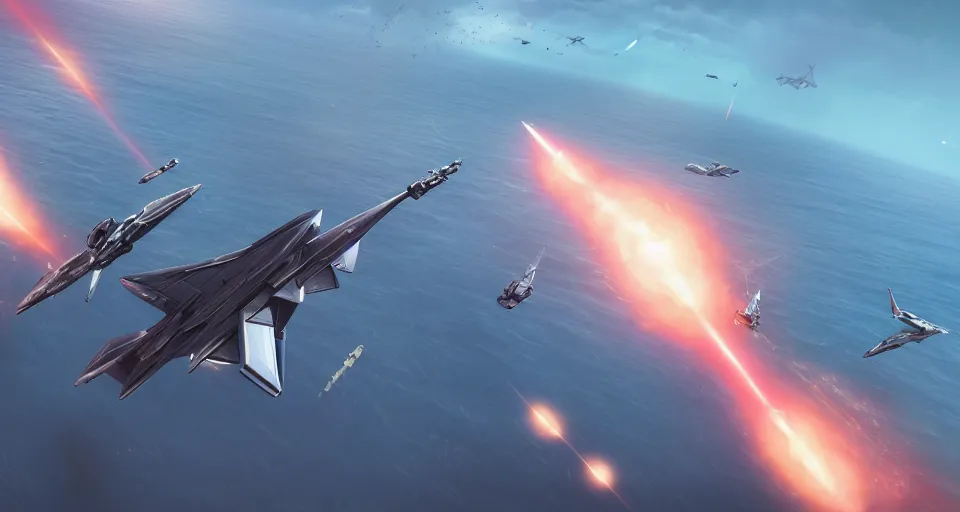 Image similar to An INTENSE future style aerial combat combat over the ocean, Battle, futuristic SR-71, rendered by simon stålenhag, rendered by Beeple, Makoto Shinkai, syd meade, environment concept, digital art, gundam style, starwars, unreal engine, 3 point perspective, WLOP, trending on artstation, low level, 4K UHD image, octane render,