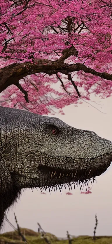 Image similar to “ a portrait photo of tyrannosaurus at a sakura tree, side shot, by shunji dodo, 8 k resolution, high quality ”