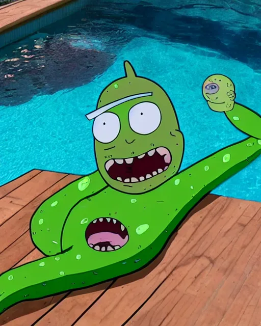 Prompt: Pickle rick relaxing in the pool