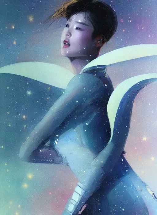 Image similar to Lee Jin-Eun wearing a chic interstellar feminine suit by John Berkey and Vincent Di Fate, rule of thirds, seductive look, beautiful, in intergalactic hq, ethereal lighting, smooth, sharp look, illustration