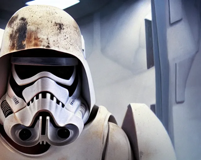 Prompt: film still of star wars, dirty stormtrooper wearing a hooded cloak, standing in a cantina, closeup portrait, dust, scum and villainy, rim light, embers, hyper detailed, smooth, high contrast, concept art, volumetric lighting, ralph mcquarrie, doug chiang, ryan church