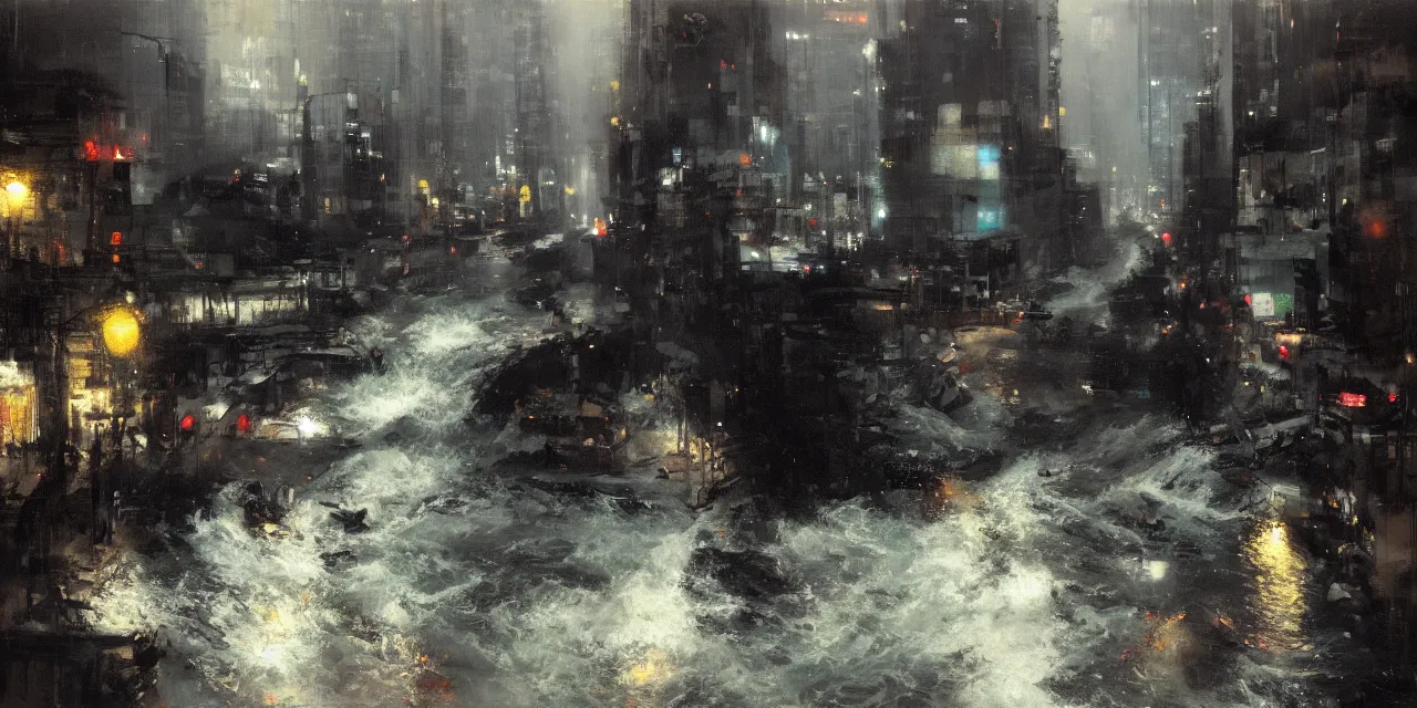 Prompt: street level view of turbulent river rapids rushing through a city at night , by Jeremy Mann