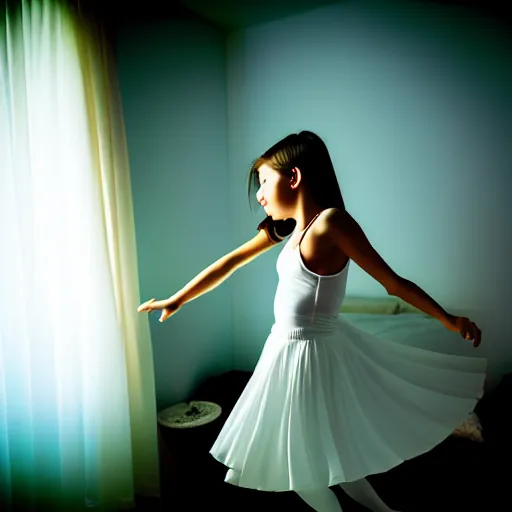 Image similar to cute girl wearing white dancing joyfully in her bedroom at night, dark atmospheric lighting, elegant, highly detailed, heavy grain, sharp focus, depth of field, radiant light, 8 k, hdr, beautiful composition, photographed by steve mccurry