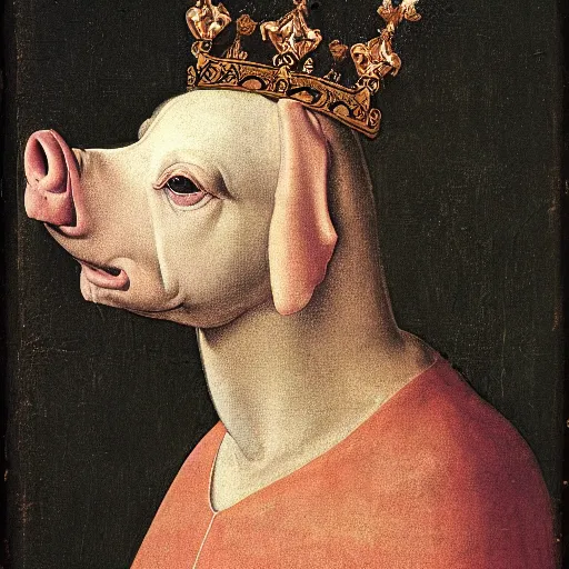 Image similar to a renaissance style portrait of a pig (Sus domesticus) wearing a crown and a cape, dark background