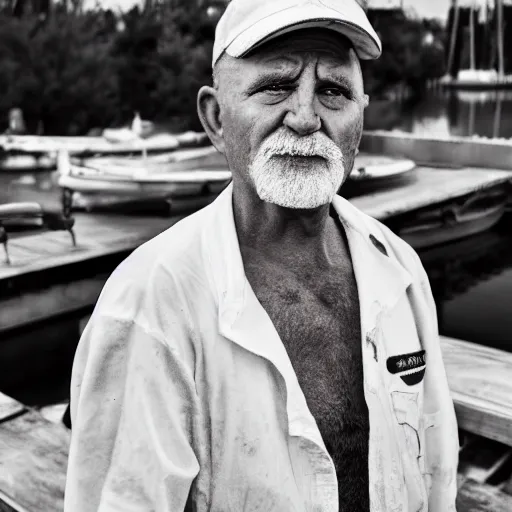 Image similar to 5 5 mm portrait photo of popeye the sailor man standing on a dock with a tugboat in the distance, 4 k photo, dslr, canon m 5 0, close up portrait