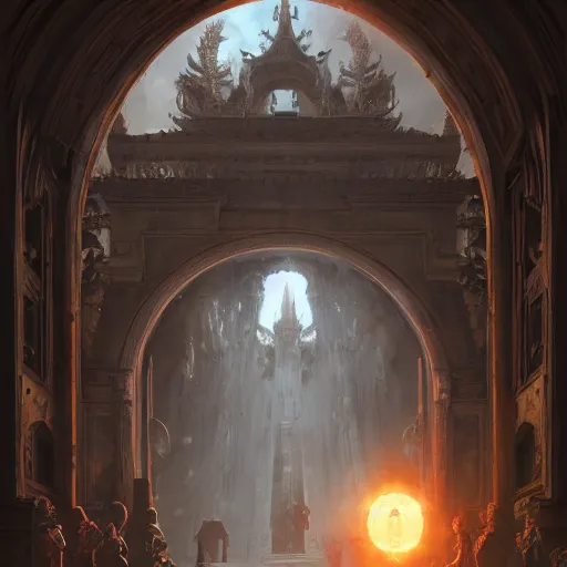 Image similar to gates of heaven, by greg rutkowski, sung choi, photo realistic, 8 k, cinematic lighting, hd, atmospheric, hyperdetailed, trending on artstation, devainart, digital painting, glow effect