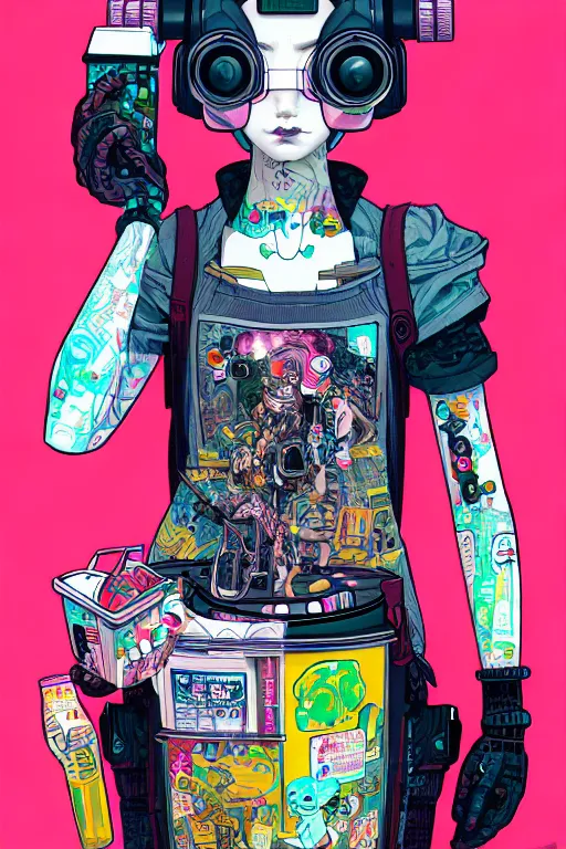 Image similar to full view, from a distance, of anthropomorphic trashcan who is cyberpunk girl, style of yoshii chie and hikari shimoda and martine johanna, highly detailed