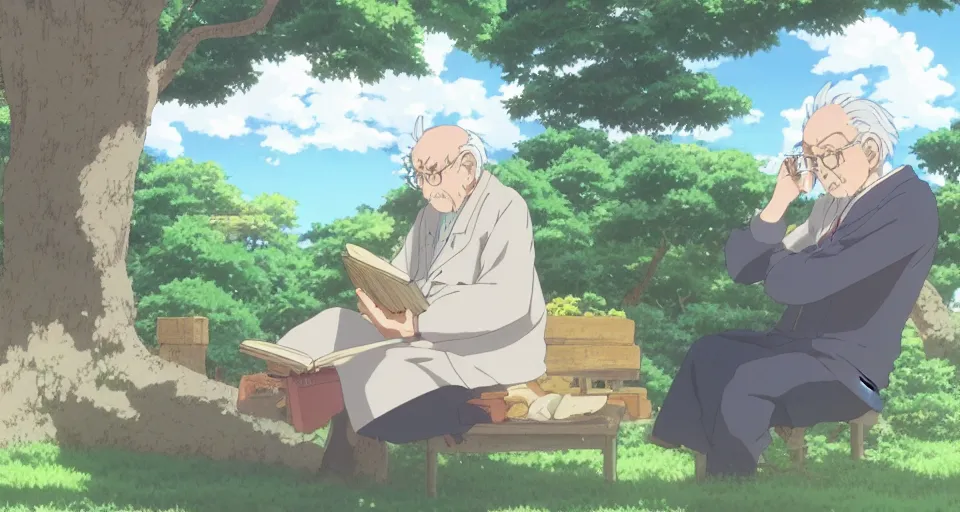 Prompt: screenshot from the anime film by studio ghibli, grandpa reading a book, serene, summer, from the anime film by makoto shinkai