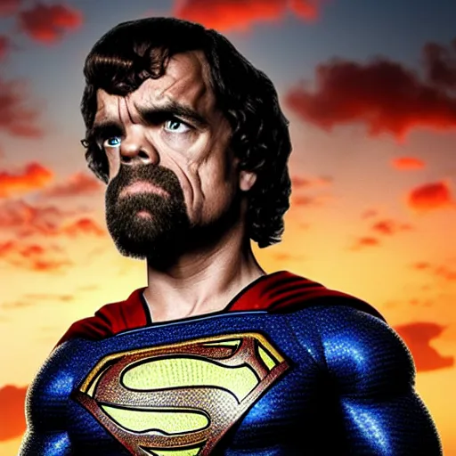 Image similar to stunning awe inspiring peter dinklage as superman, movie still 8 k hdr atmospheric lighting