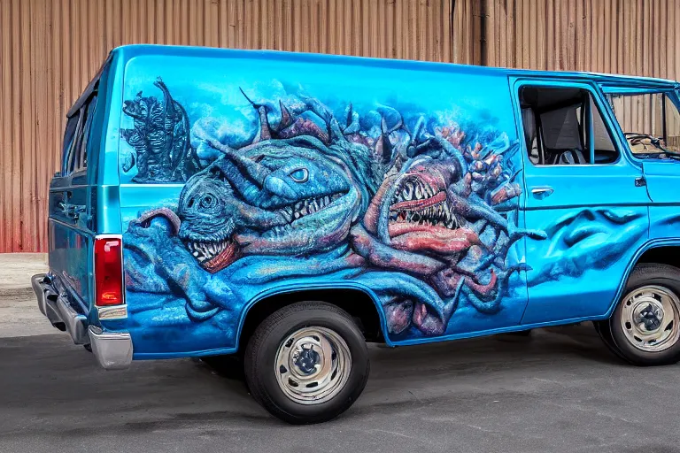 Image similar to a wide shot photo of a dark blue metallic 1 9 7 2 chevy g 1 0 panel van parked in a garage with an awesome airbrushed scene of a monster made of colorful coral reef emerging from the sea, 8 0 s synthwave, airbrushed, trapper keeper, lightning, explosions, creature design, monster, dinosaur, sony 2 4 mm f 8. 0