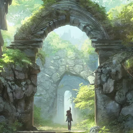 Image similar to concept art painting of an ornate ancient stone archway, in the woods, realistic, detailed, cel shaded, in the style of makoto shinkai and greg rutkowski and james gurney