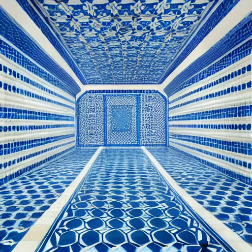 Prompt: photo of a bizarre oddly-shaped interior covered by ceramic white tiles with blue shallow water everywhere on the ground