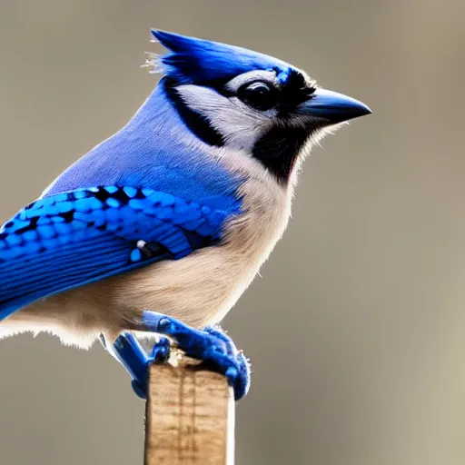 Prompt: 4 k photograph of a blue jay wearing headphones