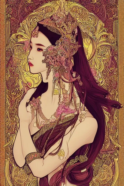 Image similar to beautiful and detailed digital illustration of thai princess by kittichai rueangchaichan, floralpunk, Artstation, art nouveau aesthetic, Alphonse Mucha background, intricate details,concept art, realistic, dramatic, detailed intricate ink illustration, heavenly atmosphere