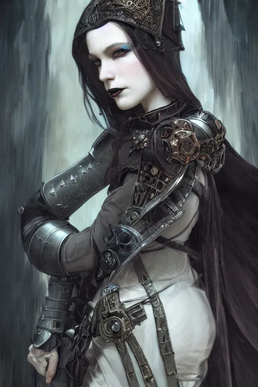 Prompt: beautiful and gothic and evil and luxury and dieselpunk young medieval female knight portrait +smoky eyes+front face with light flowing hair, ultradetail face, art and illustration by tian zi and craig mullins and WLOP and alphonse mucha, fantasy, intricate complexity, human structure, human anatomy, fantasy character concept, watermark, blurry, hyperrealism 8k