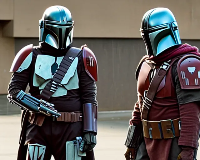 Image similar to a mandalorian is looking at the helmets