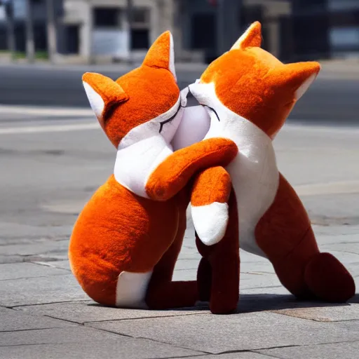 Image similar to Two fox plushies playfully wrestling on the sidewalk, dynamic, motion blur, 1/4 shutter speed, award winning photography