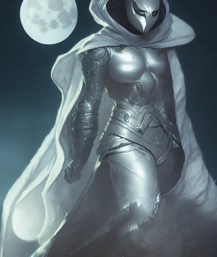 Image similar to female moon knight, hyper detailed, dynamic background, digital art, trending in artstation, cinematic lighting, studio quality, smooth render, unreal engine 5 rendered, octane rendered, art style by klimt and nixeu and ian sprigger and wlop and krenz cushart