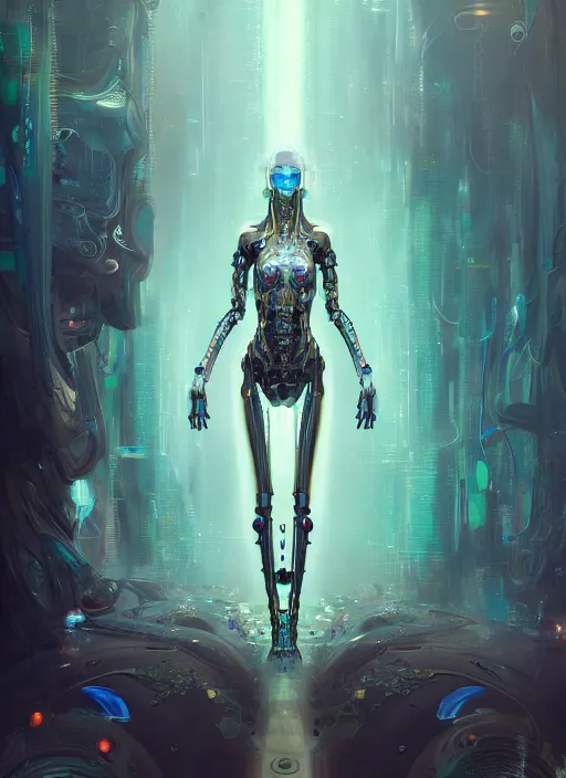Prompt: a beautifull futuristic biomechanical humanoid woman with pretty face in intricate detailed color smashing fluid oilpaint, melting wax, thin fractal tendrils, futuristic digital painting, cyberpunk, 8 k, hyper detailed, octane render, concept art, by peter mohrbacher, by wlop, by ruan jia,