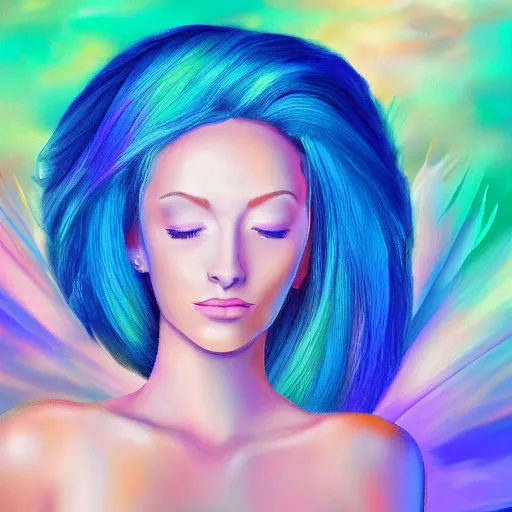 Image similar to painting of a beautiful woman with iridescent translucent hair, her eyes are closed, hair is floating, digital art, ethereal