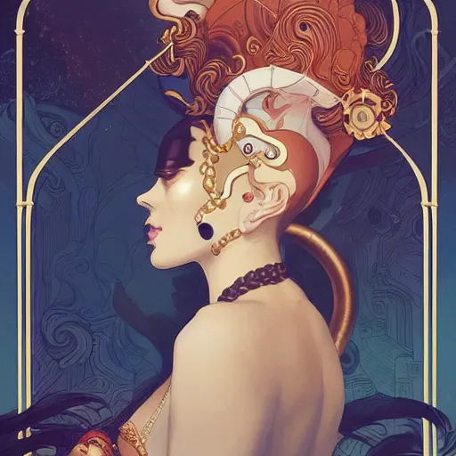 Prompt: portrait of a victorian era duke, beauty sexy girl, royal style, elite, gold, art deco, stylized illustration by peter mohrbacher, moebius, victo ngai, vivid colorful comics style, clean line, diesel punk