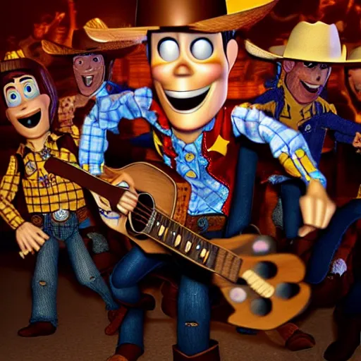 Prompt: flash photography of sheriff woody at a moshpit in local rock band