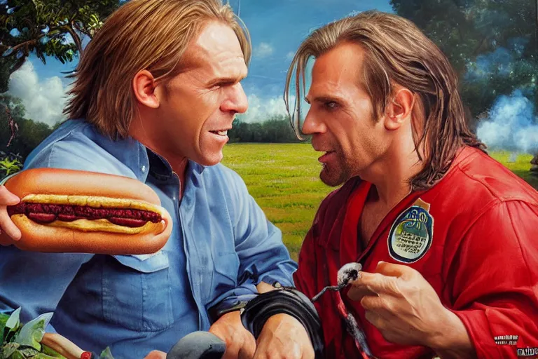 Image similar to portrait of wwf shawn michaels and thomas the tank engine sharing hotdogs, an oil painting by ross tran and thomas kincade