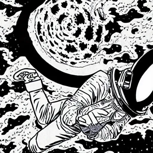 Image similar to an astronaut floating in space, manga panel, intricate, by tatsuki fujimoto, by junji ito