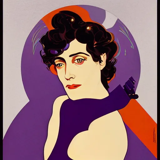 Image similar to Eva Green, Art by Coles Phillips, Orange bodysuit, Chalk white skin, deep purple hair, Green eyes, Portrait of the actress, Eva Green as Metamorpho, geometric art, art deco, Alphonse Mucha, Vasily Kandinsky, carbon black and antique gold