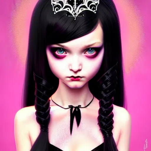 Image similar to beautiful goth princess, very cute features, brilliant glittering hair, universal volumetric lighting, soft glow, russian slasher film painting by range murata, norman rockwell, artgem, wes anderson, highly detailed intricately sharp focus, trending on pinterest, unreal engine 5 4 k uhd image