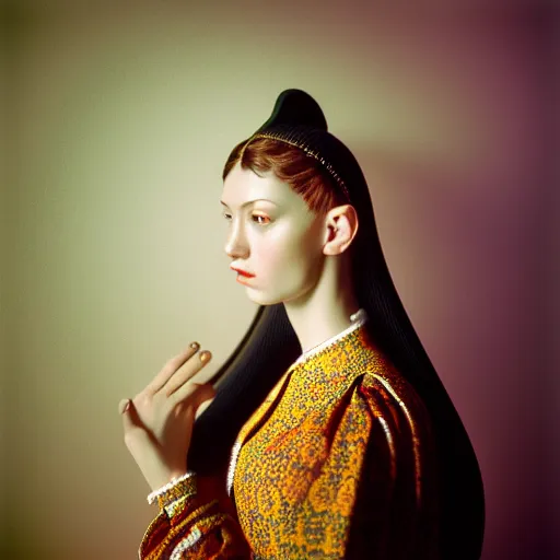 Prompt: hyperrealism photography in caravaggio style computer simulation visualisation of parallel universe sit - com scene with beautiful highly detailed ukrainian woman wearing ukrainian traditional suit designed by taras shevchenko that wearing neofuturistic neural interface by josan gonzalez. hyperrealism photo on pentax 6 7, kodak portra 4 0 0 volumetric natural light - s 1 5 0