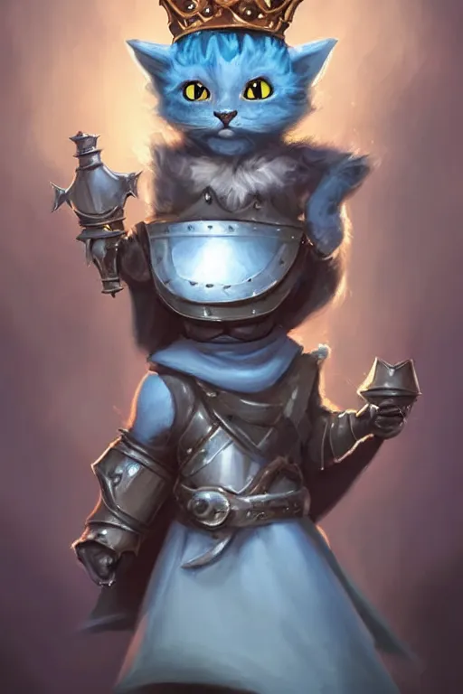 Image similar to cute little anthropomorphic cat knight wearing a cape and a crown, tiny, small, miniature cat , baby animal, short, pale blue armor, cute and adorable, pretty, beautiful, DnD character art portrait, matte fantasy painting, DeviantArt Artstation, by Jason Felix by Steve Argyle by Tyler Jacobson by Peter Mohrbacher, cinematic lighting