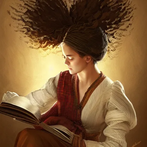 Image similar to village girl reading a book, cinematic, intricate, elegant, highly detailed, digital painting, artstation, concept art, smooth, sharp, focus, illustration, art by artgerm and Johfra Bosschart