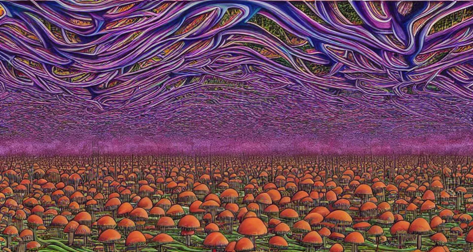 Image similar to A tribal village in a forest of giant mushrooms, by Alex Grey ,