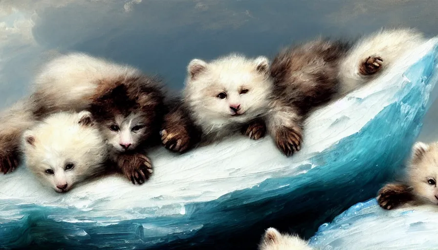 Prompt: highly detailed painting of cute furry white baby bear cats cuddling into each other on a blue and white iceberg by william turner, by greg rutkowski, by william constable, thick brush strokes and visible paint layers, 4 k resolution