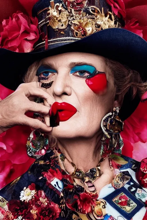 Prompt: dolce & gabbana campaign featuring donald trump as a cowgirl, long eyeslashes, huge juicy lips, big seductive eyes, unprocessed colors, # nofilter, shot by annie leibovitz, realistic vfx simulation