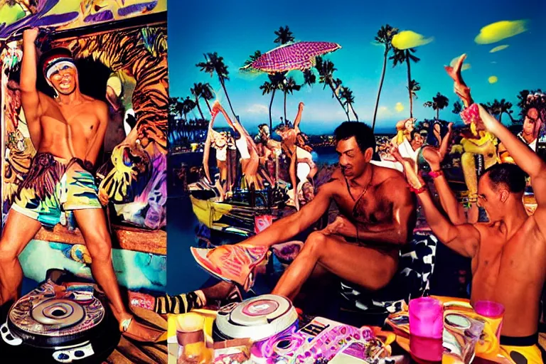 Image similar to tiger dj in a beach club. by david lachapelle