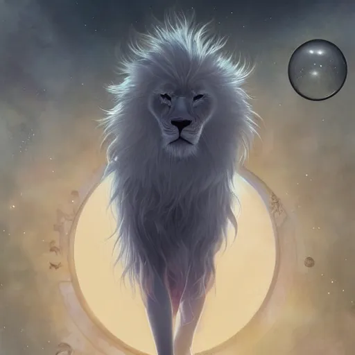 Image similar to aesthetic portrait commission of a albino male furry anthro lion floating and sleeping inside a soap bubble while opening its third eye in the blue cloudy sky, minimalistic sky Atmosphere, hyperdetailed. Character design by charlie bowater, ross tran, artgerm, and makoto shinkai, detailed, inked, western comic book art, 2021 award winning painting
