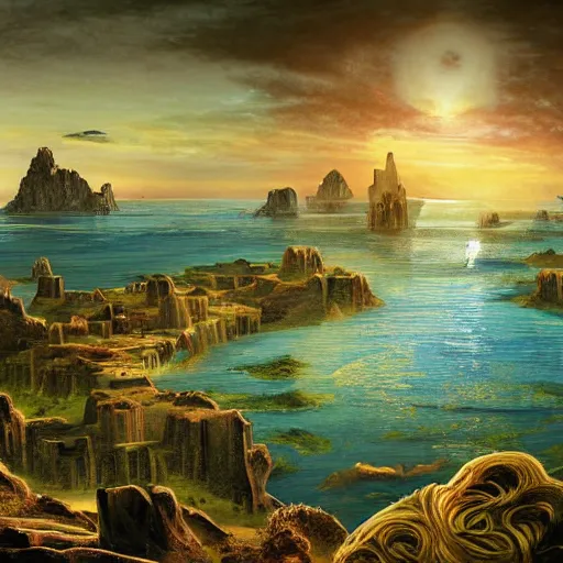 Prompt: the glory of old atlantis, which is an island in the middle of the Atlantic the size of Libya, with hills, mountains, a sun setting, fields being worked, oceans in the background, many tall trees, and a bit of desert in the scene. The civilization of atlantis has developed ancient advanced technologies such as mining, farming and medicine, in a surreal, abstract style