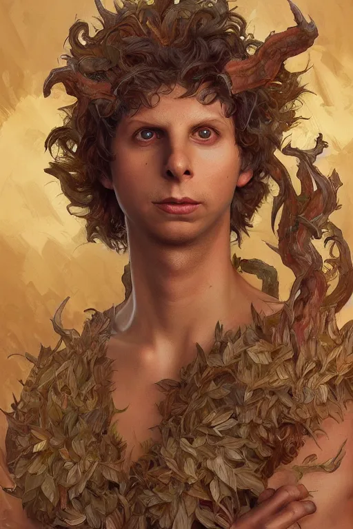 Image similar to portrait of michael cera as a hulking herculean demon, forest, godlike, full body, fantasy, intricate, elegant, highly detailed, digital painting, artstation, concept art, sharp focus, illustration, art by artgerm and greg rutkowski and alphonse mucha