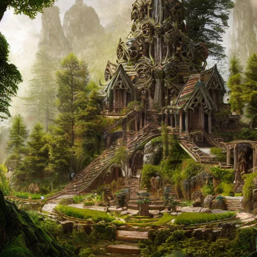 Image similar to a beautiful and highly detailed matte painting of an elven temple in a magical fantasy garden in a lush forest in the mystical mountains, wooden celtic knots, carved stone runes, intricate details, epic scale, insanely complex, 8 k, sharp focus, hyperrealism, very realistic, by caspar friedrich, albert bierstadt, james gurney, brian froud,