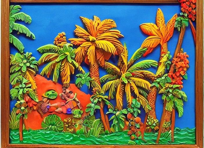 Prompt: colorized stylized bas relief sculpture of a tropical paradise with a frame in mexico folk art style