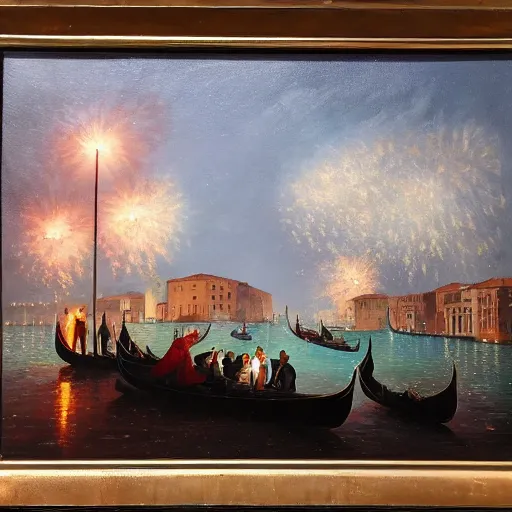 Image similar to an oil painting of couple kissing, in a background fireworks in venice