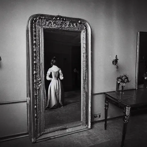 Image similar to a beautiful victorian woman is frightened by her doppleganger in a mirror. she is in a long hallway of mirrors. elegant design, haunting atmosphere, dimly lit, gothic, horror style, mist, low angle, 3 / 4 view.